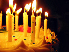 A close up of a cake with lit candles.