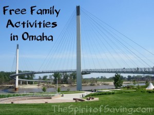 A close up of a bridge over a body of water with overlay text that reads, Free Family Activities in Omaha.