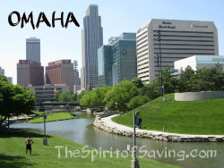 A close of the Omaha skyline with the river in the foreground.