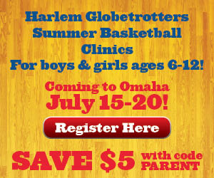 An advertisement for the Harlem Globetrotters Summer Basketball Clinics for Kids in Omaha.