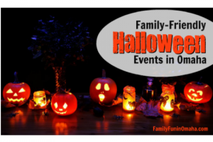A group of jack o lanterns and candles with overlay text that reads Family Friendly Halloween Events in Omaha