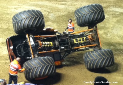 A close up of the underside of a monster truck that has flipped at Monster Jam at Mid America Center.