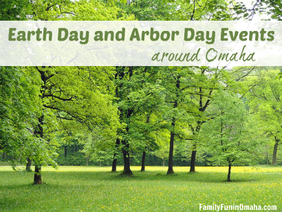 A sign on a lush green field of trees with overlay text that reads Earth Day and Arbor Day Events around Omaha