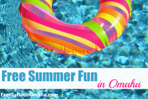 A bright color pool float with overlay text that reads Free Summer Fun in Omaha