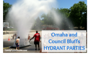 Kids playing in water with overlay text that reads Omaha and Council Bluffs Haydrant Parties.