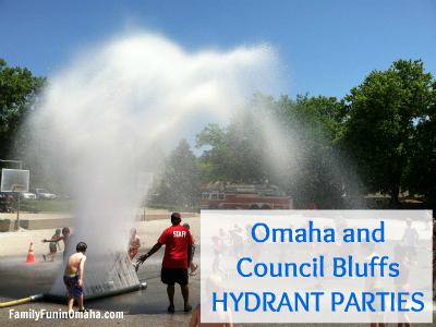 A group of children playing in water with overlay text that reads, \"Omaha and Council Bluff Hydrant Parties.\"