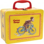 A close up of a Curious George metal lunch box.