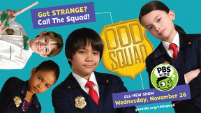 A group of children and a young boy wearing a suit and tie in an advertisement for Odd Squad.