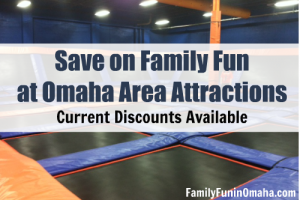 A close up of indoor trampoline park with overlay text that reads Save on Family Fun Omaha Area Attractions Current Discounts Available