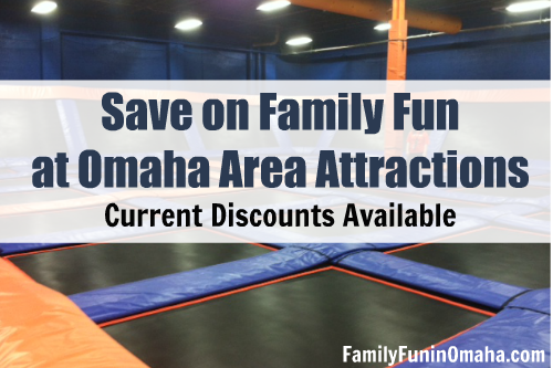 A close up of trampolines with overlay text that reads, \"Save on Family Fun Omaha Area Attractions, Current Discounts Available.\"