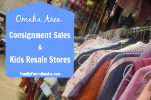 Clothing racks with overlay text that reads, \"Omaha Area Consignment Sales and Resale Stores.\"