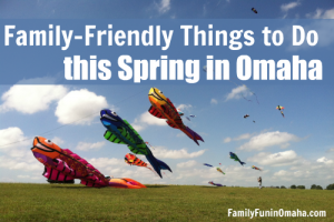 A group of people flying fish shaped kites in a field with overlay text that reads Family-friendly things to do this spring in Omaha