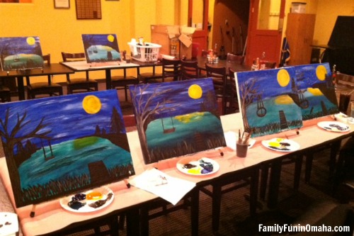 A group of completed paintings at Painting with Vino van Gogh.