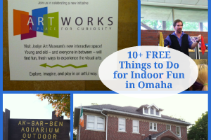 A collage of Omaha area locations with overlay text that reads 10 plus free things to do for indoor fun in Omaha