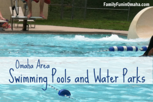 A swimming pool with lane markers with overlay text that reads, Omaha Area Swimming Pools and Water Parks.