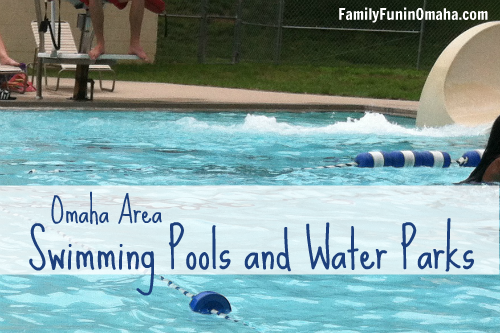 A large public swimming pool with overlay text that reads, \"Omaha Area Swimming Pools and Water Parks\".