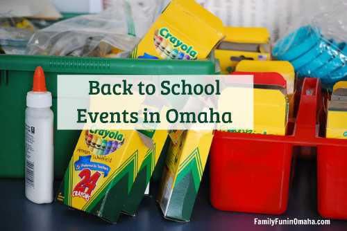 A pile of crayon boxes with overlay text that reads Back to School Events in Omaha
