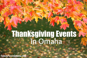 A close up fall leaves with overlay text that reads, \"Thanksgiving Events in Omaha.\"