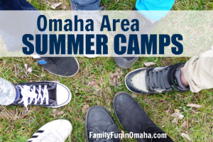 A circular group of kids shoes with overlay text that reads, \"Omaha Area Summer Camps.\"