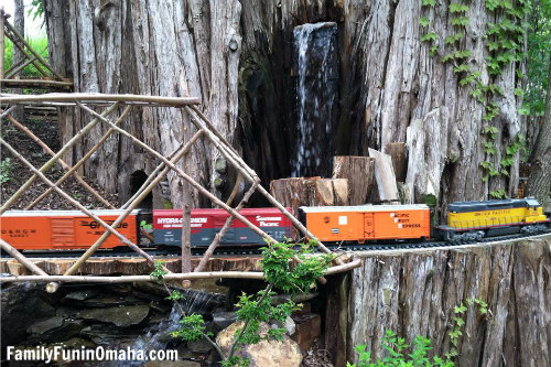 A close up of a model train at Lauritzen Guardens.