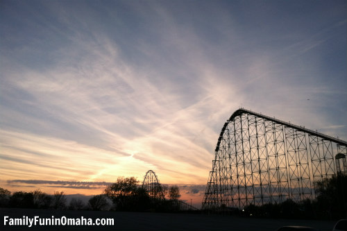 A roller coaster with a sunset in the background at Worlds of Fun