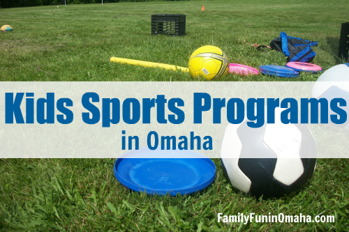 A grassy field with sports equipment and overlay text that reads, Kids Sports Programs in Omaha. 