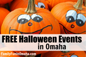 A group of pumpkins with cartoon faces with overlay text that reads Free Halloween Events in Omaha