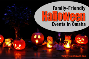 Jack o Lanterns and candles in the dark with overlay text that reads Family Friendly Halloween Events in Omaha