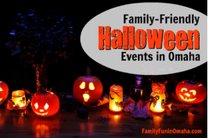 Jack o lanterns and candles in the dark with overlay text that reads Family Friendly Halloween Events in Omaha