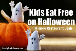 A mini gourd pumpkin and plastic ghosts with overlay text that reads Kids Eat Free on Halloween