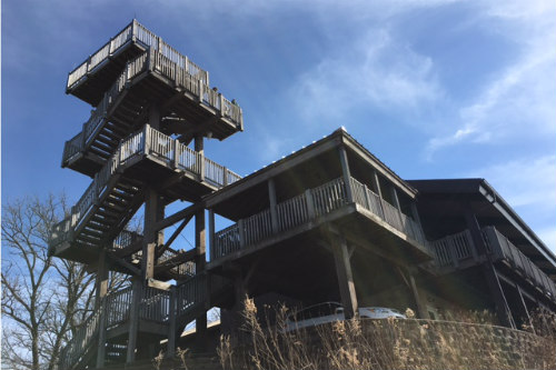 A wooden look out tower at Hitchcock Nature Center