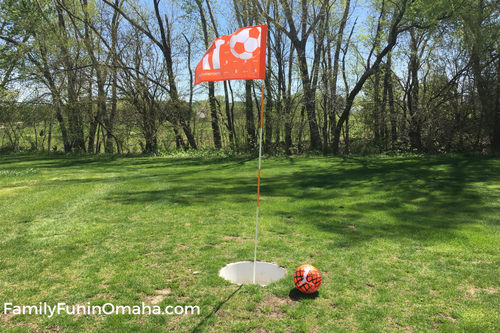 A foot golf goal and flag at the Papio Greens Course.