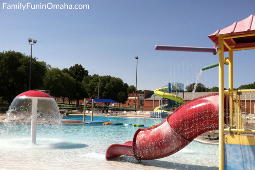 A waterslide in a children\'s water play area at the Wahoo Aquatic Center.