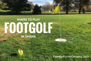 A flag and scoring hole in a green space with overlay text that reads \"Where to Play Foot Golf in Omaha.\"