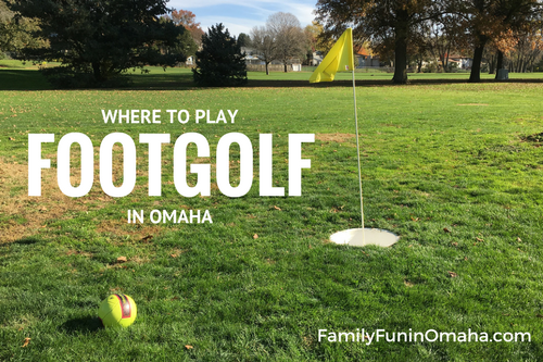 A foot golf goal and flag with overlay text that reads, \"Where to Play Footgolf in Omaha.\"