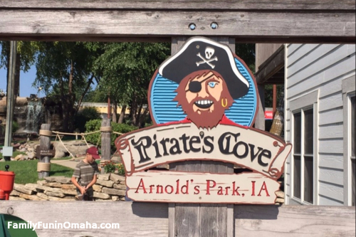 The wooden Pirates Cove Sign at Arnolds Park