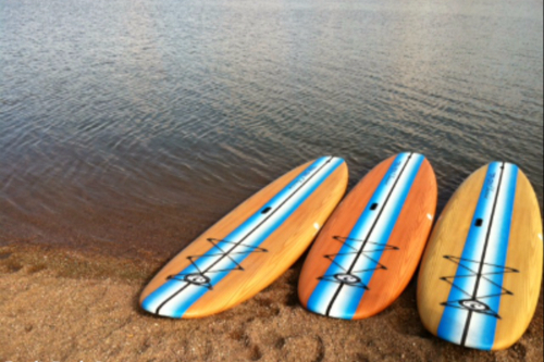 Paddleboards on the shore of a beach.