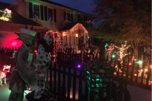 A house decorated for Halloween with lights