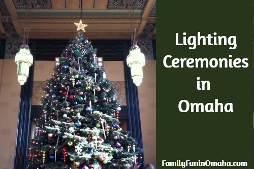 A large decorated Christmas tree with overlay text that reads Lighting Ceremonies in Omaha
