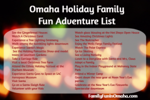 A graphic with overlay text that reads Omaha Holiday Family Fun Adventure List