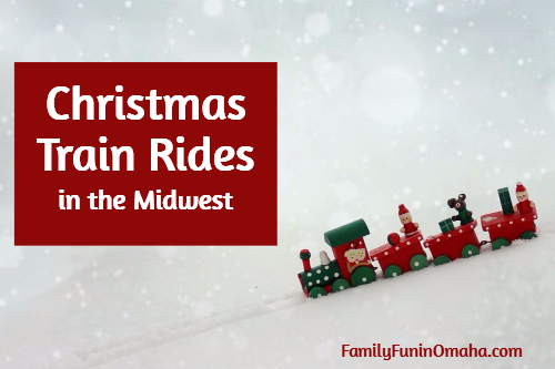 A miniature toy train in the snow with overlay text that reads Christmas Train Rides in the midwest