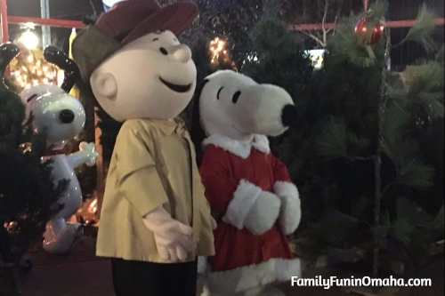 Charley Brown and Snoopy at WinterFest Holiday Experience at Worlds of Fun.