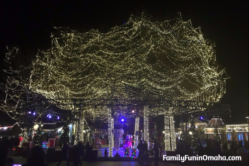 Trees with white Christmas lights at WinterFest Holiday Experience at Worlds of Fun.