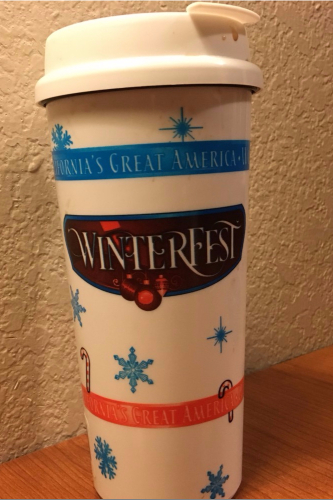 A close up of a beverage container at WinterFest Holiday Experience at Worlds of Fun.