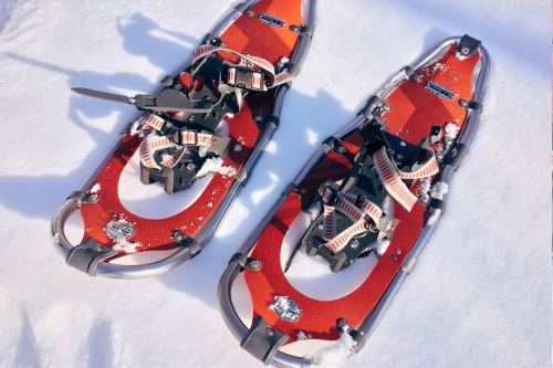 A close up of a pair of orange snow shoes