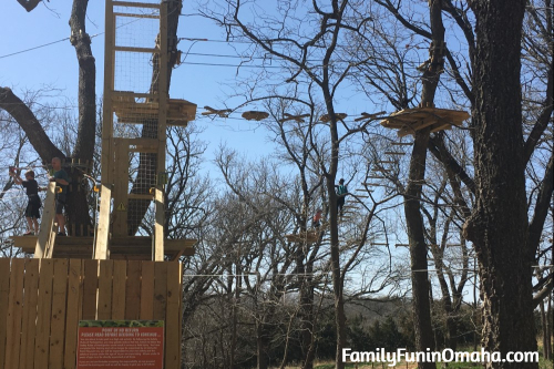 A wooden climbing feature at Go Ape Treetop Adventure Course at Mahoney State Park. 