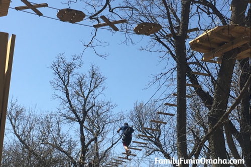 A wooden climbing feature at Go Ape Treetop Adventure Course at Mahoney State Park. 