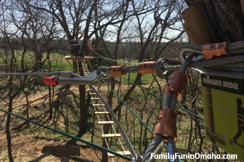 A wooden climbing feature at Go Ape Treetop Adventure Course at Mahoney State Park. 