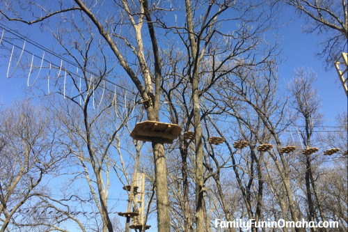 A wooden climbing feature at Go Ape Treetop Adventure Course at Mahoney State Park. 