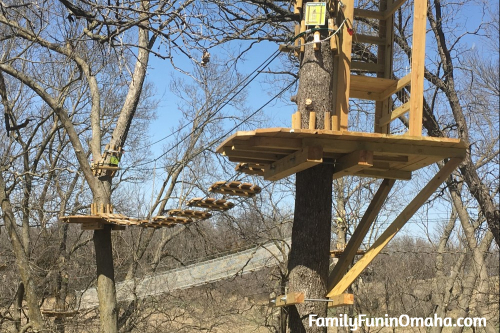 A close up of a wooden climbing feature at Go Ape Treetop Adventure Course at Mahoney State Park. 